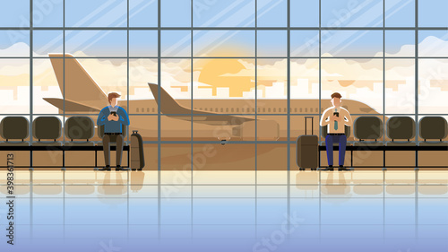 Love at first sight concept of LGBT between males. Using smartphone at the international airport terminal. Waiting for flight at the early morning sunrise. Romantic scene with plane runway background.