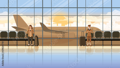 Love at first sight concept of LGBT between females. Using smartphone at  international airport terminal. Waiting for flight at the early morning sunrise. Romantic scene with plane runway background.
