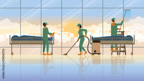 Cleaning service team maid working at morgue room hospital with corpse in the early morning sunrise. Daily routine career lifestyle of diligent work hard overwork lifestyle professional service hours.