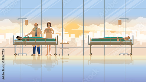 Medical concept scene. Senior doctor and nurse intend working check-up sick patient sleep on the bed in hospital at the early morning sunrise. Career lifestyle of work hard overwork and responsibility