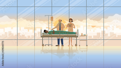 Medical concept scene. Senior doctor and nurse intend working check-up sick patient sleep on the bed in hospital at the early morning sunrise. Career lifestyle of work hard overwork and responsibility