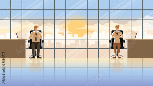 Love at first sight eye contact of office people working in the early morning sunrise. Man and woman using smartphone and laptop sitting at desk working room. City lifestyle of work hard over time.