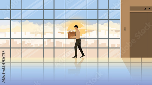 Layoff unemployed and fired business people sorrow leaving from  office elevator workplace with his stuff box. Alone in the early morning sunrise. Economics crisis failure problem sadness upset scene.