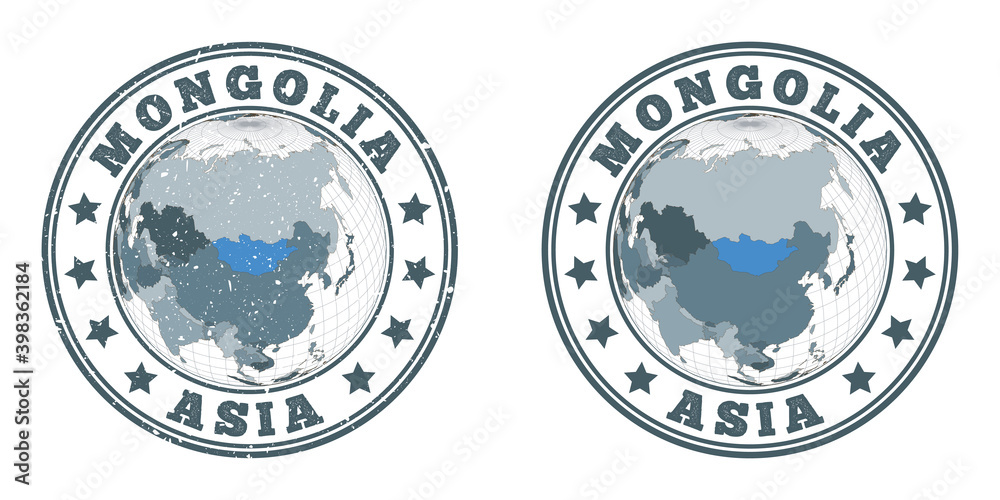 Mongolia round logos. Circular badges of country with map of Mongolia in world context. Plain and textured country stamps. Vector illustration. Mongolia round logos. Circular badges of country with map of Mongolia in world context. Plain and textured country stamps. Vector illustration.