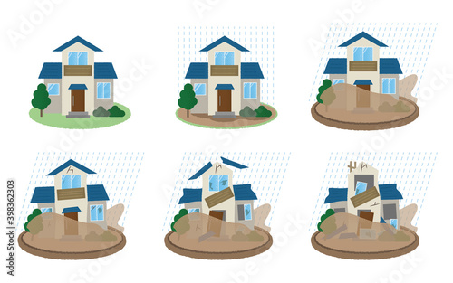 水害に遭う住宅のベクターイラストセット