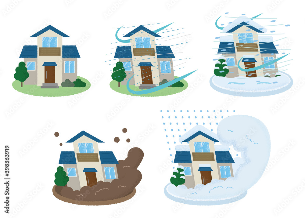 災害に遭う住宅のベクターイラストセット 台風・雪害・土砂災害・雪崩 Stock Vector | Adobe Stock