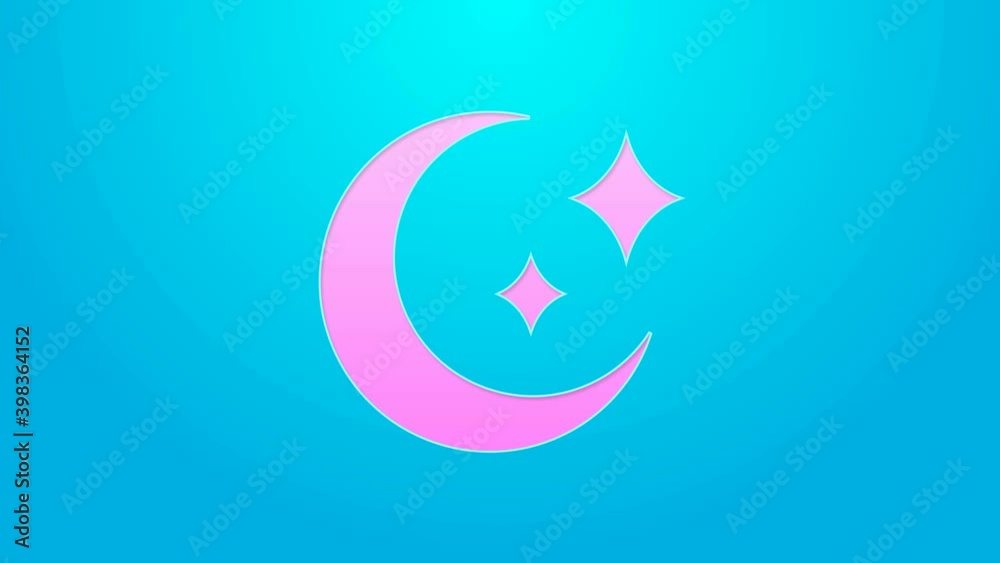 Pink line Moon and stars icon isolated on blue background. 4K Video motion graphic animation Pink line Moon and stars icon isolated on blue background. 4K Video motion graphic animation