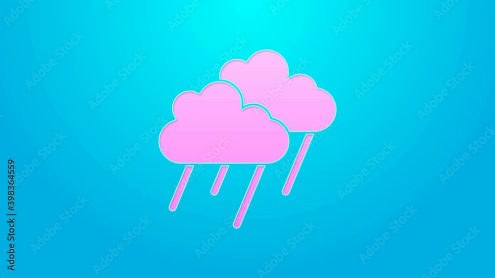 Pink line Cloud with rain icon isolated on blue background. Rain cloud precipitation with rain drops. 4K Video motion graphic animation Pink line Cloud with rain icon isolated on blue background. Rain cloud precipitation with rain drops. 4K Video motion graphic animation