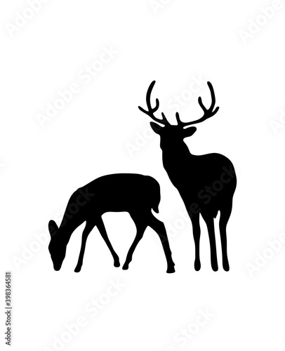 Deer silhouette vector.Black all body stag reindeer with antlers.Outline stencil drawing illustration isolated on white background .Sticker. T shirt print. Plotter Cutting. Laser cut. Christmas decor