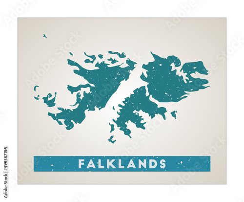 Falklands map. Country poster with regions. Old grunge texture. Shape of Falklands with country name. Neat vector illustration.