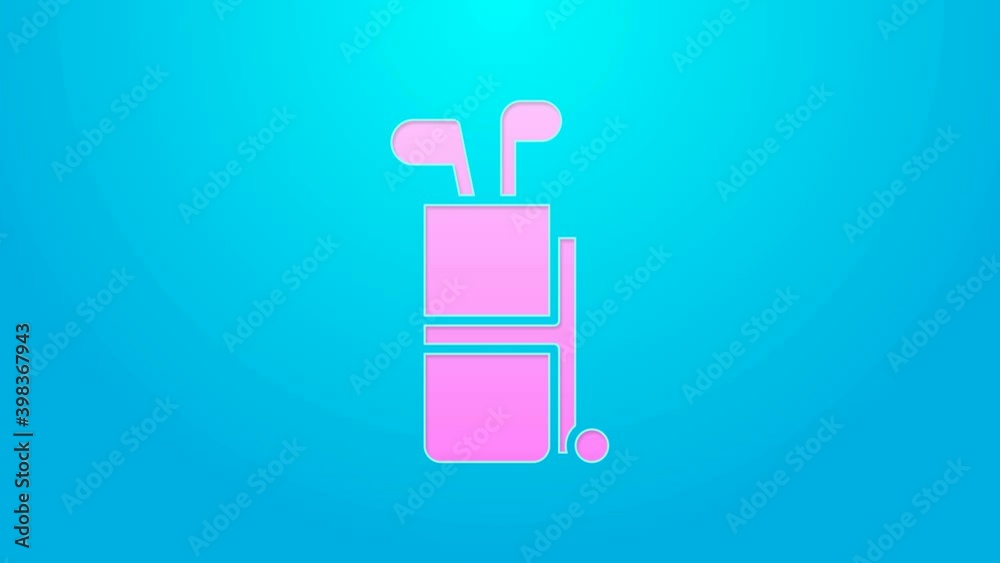 Pink line Golf bag with clubs icon isolated on blue background. 4K Video motion graphic animation Pink line Golf bag with clubs icon isolated on blue background. 4K Video motion graphic animation