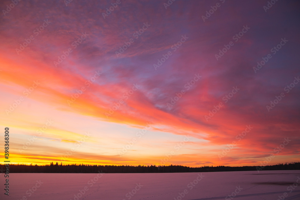 Obraz premium Sunset winter landscape with snow-covered road in violet and pink colors