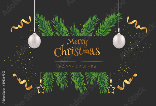 Merry Christmas and Happy New Year wishes with confetti and Christmas balls