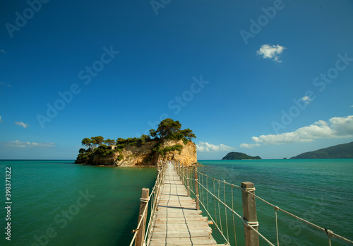 The wooden footbridge leading to the small island of Agios Sostis on Zakynthos, Greece