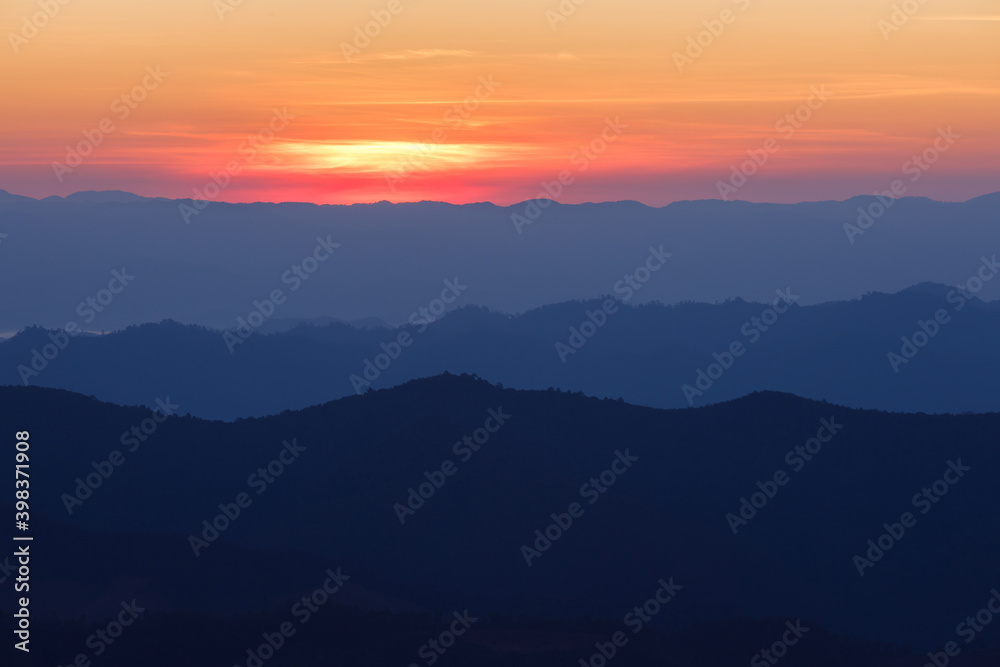 Mountain ridge silhouette in the morning.