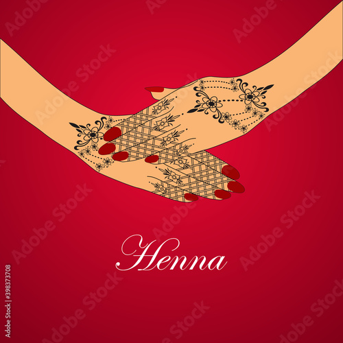 Henna tattoo. Mehndi in hand. Indian traditional lifestyle. Vector illustration