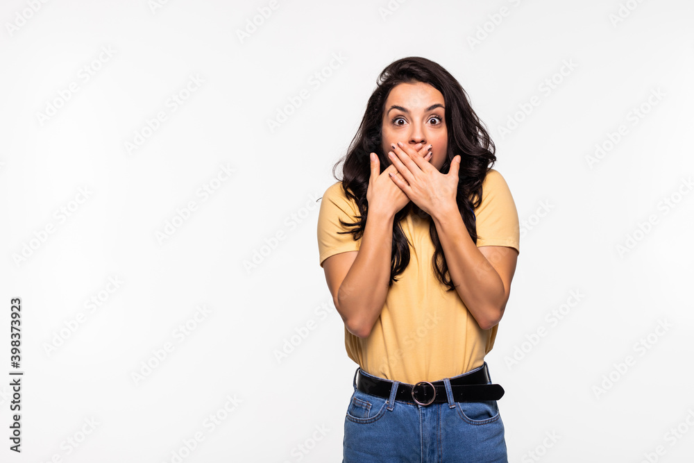 Surprised happy beautiful woman in excitement isolated over white background Surprised happy beautiful woman in excitement isolated over white background