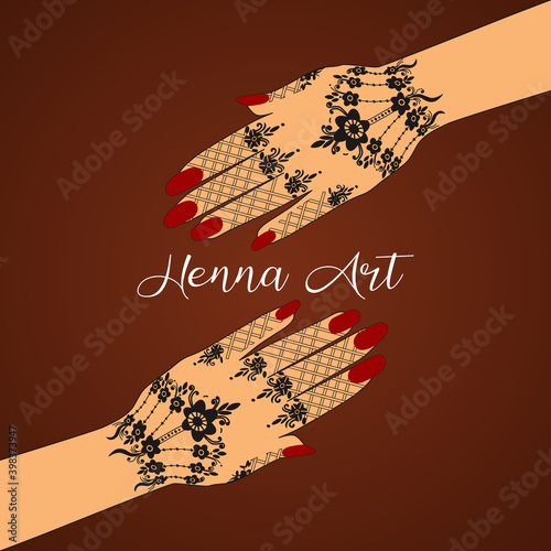 Element yoga mudra hands with henna art. Vector illustration for a yoga studio, tattoo, spas, postcards, souvenirs. Indian traditional lifestyle.
