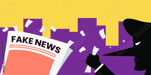 illustration of a magnifying glass on newspaper. fake news information / hoax with background siluet city