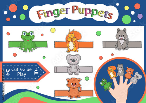 Finger puppets. Paper animals doll. Cut and glue the toys. Worksheet with children art game. Kids crafts activity page. Gaming puzzle. Birthday decor. Vector illustration.