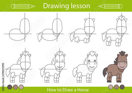 Drawing tutorial a horse. Drawing lesson for children. Actives worksheets with cartoon animals. Kids funny activity art page. Vector illustration.