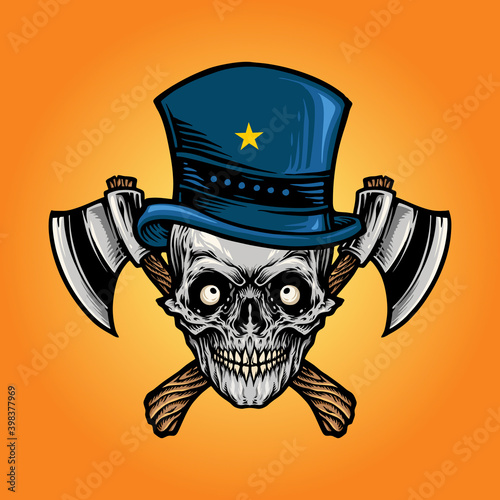 Isolated Axe Skull with Star Hat for your work Logo merchandise t-shirt, stickers and Label, poster, greeting cards advertising business company or brands.
