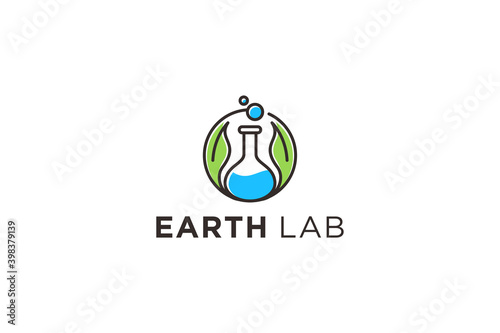 Laboratory logo modern, florence flask with leaf element, simple minimalist, scientific earth lab, eco green leaf. Medical Technology.