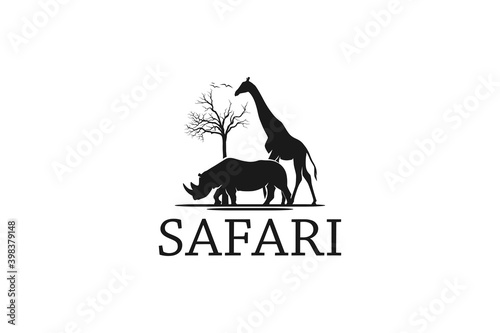 Animal logo africa, rhino and giraffe wilhouette tree nature outdoor.