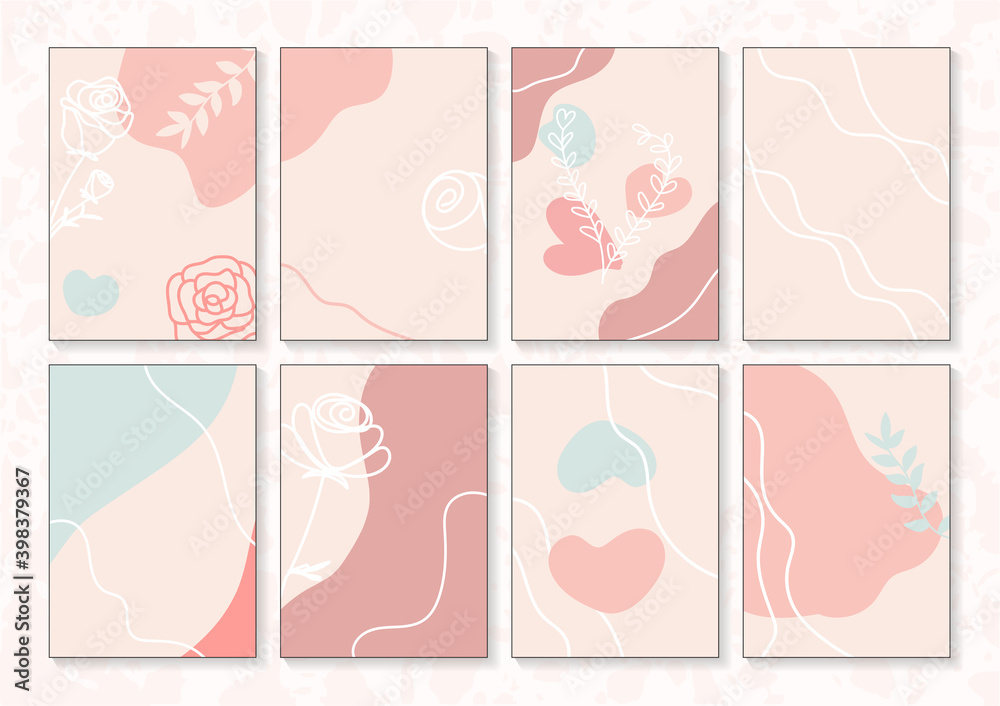 Set of abstract art templates. Line drawing with rose, leaves, hearts cartoon cute style. Frame border design for fashion, business. Background for your graphic. Flat design. Vector illustration.