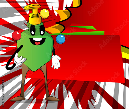 Cartoon bottle of hand sanitizer gel for hygiene with face is a juggler. Playing with colored balls.