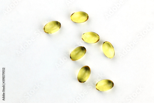 Close up food Supplement oil filled capsules suitable for: fish oil, omega 3, omega 6, omega 9, evening primrose, borage oil, flax seed oil, vitamin A, vitamin D, vitamin D3, vitamin E. High quality
