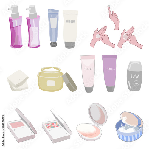 基礎化粧、ベースメイクのイラストセット（化粧水、乳液、メイク落とし、リキッド、パウダー、コンパクト）
