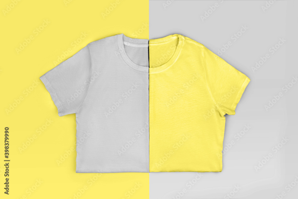 Gray and yellow t-shirts on colorful background. Lay Flat style. Gray and yellow t-shirts on colorful background. Lay Flat style.