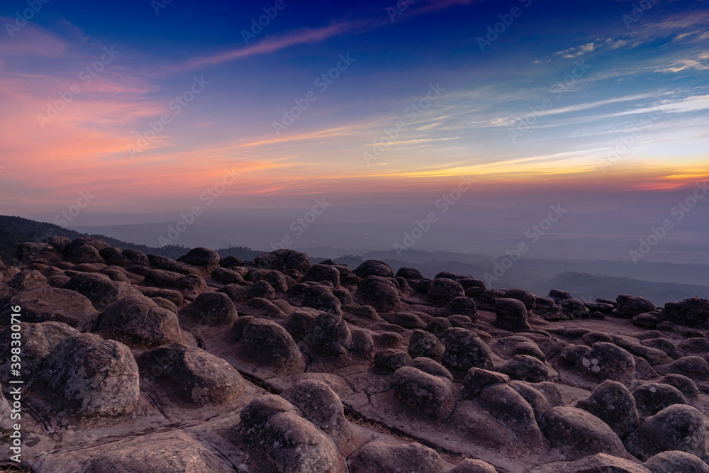 viewpoint at nodular stones mountain peak or Lan Hin Poom with twilight sunset sky at Phu Hin Rong Kla National Park in Phitsanulok province, Thailand viewpoint at nodular stones mountain peak or Lan Hin Poom with twilight sunset sky at Phu Hin Rong Kla National Park in Phitsanulok province, Thailand