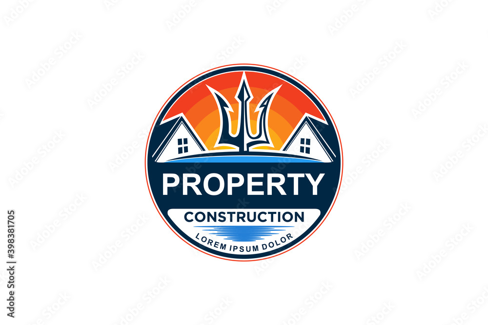 Property house logo real estate trident spear symbol, home logo building.