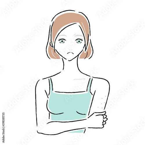 肌トラブルを抱えた若い女性のイラスト。二の腕にできた湿疹。