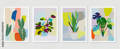 Botanical wall art vector set. Water color boho foliage line art drawing with  abstract shape.  Abstract Plant Art design for print, cover, wallpaper, Minimal and  natural wall art.