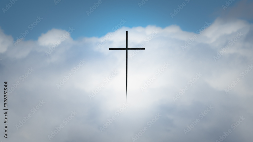 Heaven and cross in the cloudy sky. Christian crucifix silhouette in the clouds background. Jesus Christ the Lamb of God death and resurrection Easter concept. Symbol of faith and grace from God