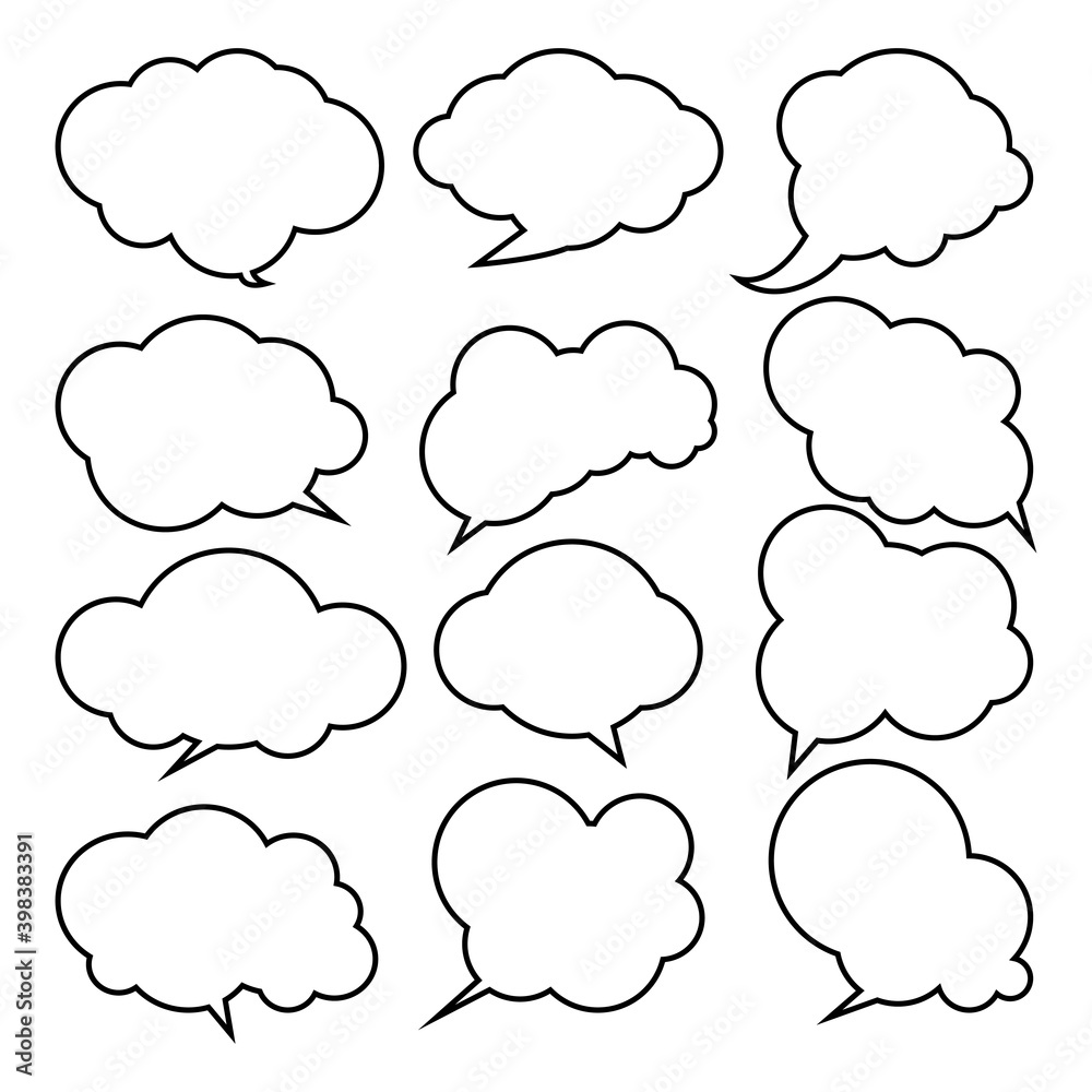 Set of white speech bubbles, empty bubbles with black borders, speaking and talk, communication and dialogue, vector illustrations. Set of white speech bubbles, empty bubbles with black borders, speaking and talk, communication and dialogue, vector illustrations.
