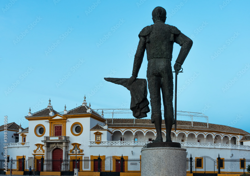 bullfighter statue in front of the bullring in Seville, Spain - Maestranza in spanish
