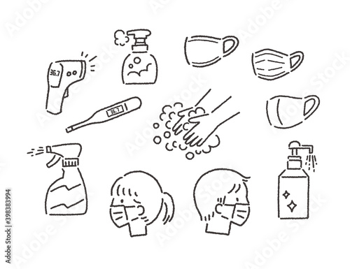 ウイルス感染予防のためのシンプルな白黒イラスト　illustrations to prevent virus infection