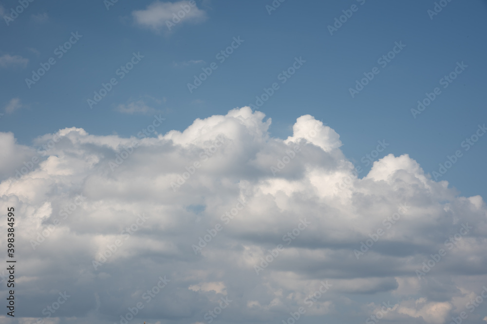 Beautiful sky background. Light blue sky with soft white and gray clouds. Perfect for sky replacement. High quality photo