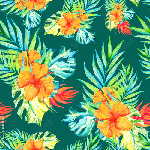 Tropical seamless pattern with palm leaves and flowers. Green background, watercolor texture.