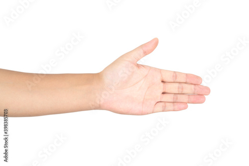 A hand showing the palm in front of a white background