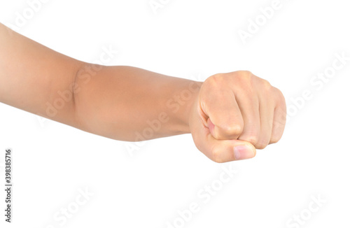 A hand holding a fist in front of a white background