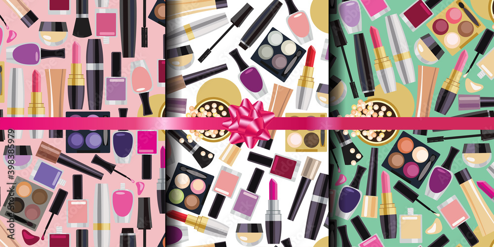 set of seamless patterns with decorative cosmetics set of seamless patterns with decorative cosmetics