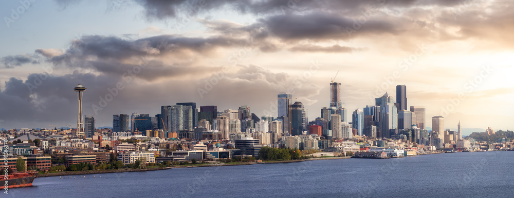 Obraz premium Downtown Seattle, Washington, United States of America. Aerial Panoramic View of the Modern City on the Pacific Ocean Coast. Dramatic Sunset Sky Art Render.