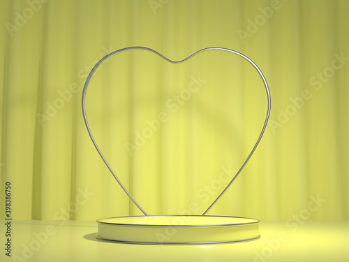Yellow platform with silver heart decoration for product presentation. 3D Render