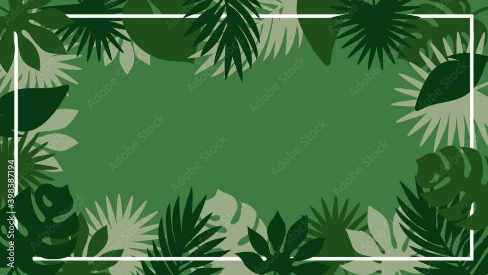 Tropical plant leaves appearing and waving on solid background. Green color palette. 4k botanical frame template with copy space.