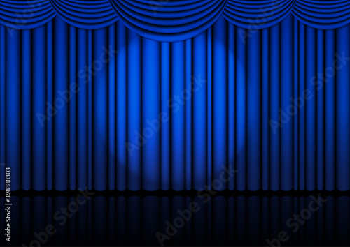 Realistic Opera stage indoor with a blue curtain and Spotlight for comedy show or opera act movie. Vector illustration.